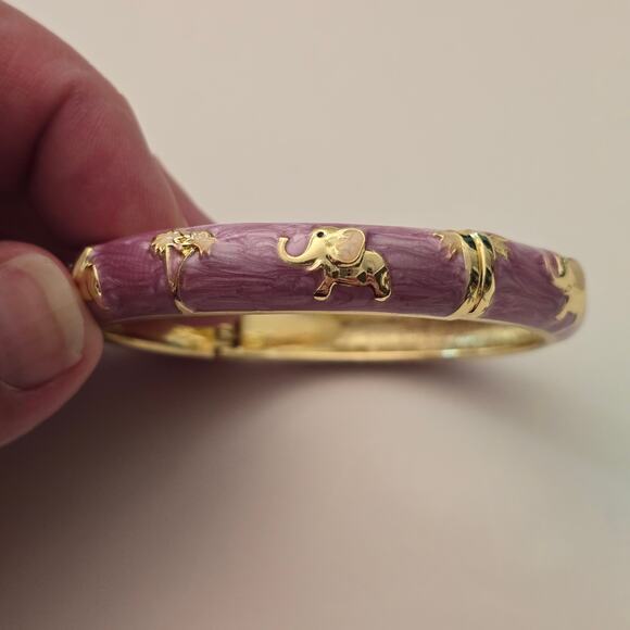 JTF Elephant Palm Tree Bangle Bracelet Gold Purple Pink Enamel - Picture 4 of 10